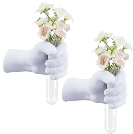 AHANDMAKER 2 Wandskulpturen Weiße Handvasen Heimdekoration Wandhalterung Kunstskulptur Flippige Blumenvase Mit Reagenzglas Zur Dekoration In Wohnzimmern Eingang