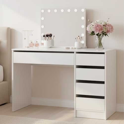 Bellamio Nore Schminktisch Weiß, Hollywood Spiegel, LED, USB, 5 Schubladen | Kosmetiktisch mit LED-Glühbirnen, Frisiertisch 110x77x53 cm, 3 Farbstufen, Touch-Sensor, USB-Anschluss, Make Up Vanity Table