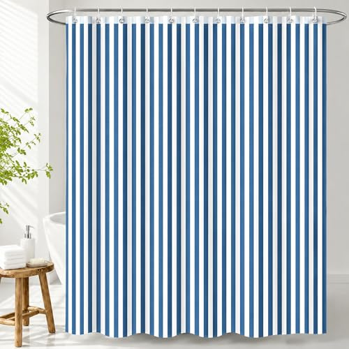 Hopomoon Cortina de Ducha 180x180cm, Rayas Azules y Blancas, Poliéster | Estilo náutico azul y blanco, cortina de baño impermeable y antimoho, opaca, lavable a 30 °C, incluye 12 anillas