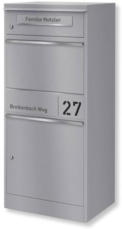 Metzler Paketbox draussen groß in Grau RAL9007 - Briefkasten mit Paketfach personalisiert mit Gravur - Standbriefkasten mit Edelstahl Namensschild pulverbeschichtet rostfrei und massiv