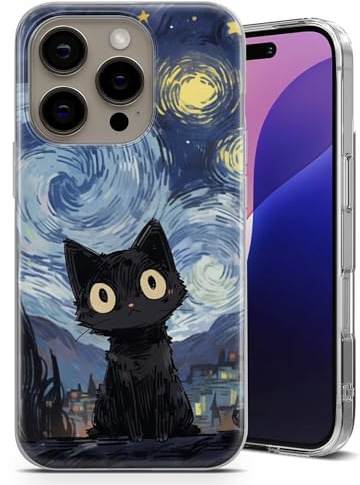 AMAZING Schwarze Katze Van Gogh inspirierte Hülle für iPhone 6,7,8,X,Xr,11,12,13,14,15,16,17, Air,e Serie – Kristallklare stoßfeste TPU Schutzhülle - Sternennacht