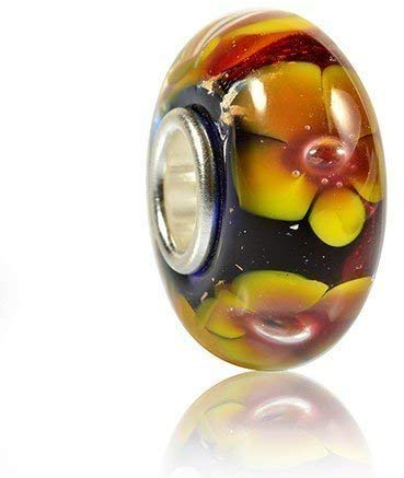 MATERIA by Matthias Wagner Glas Bead rot blau mit Blume gelb orange Sonnenblume Glitzer Anhänger für Armband 481
