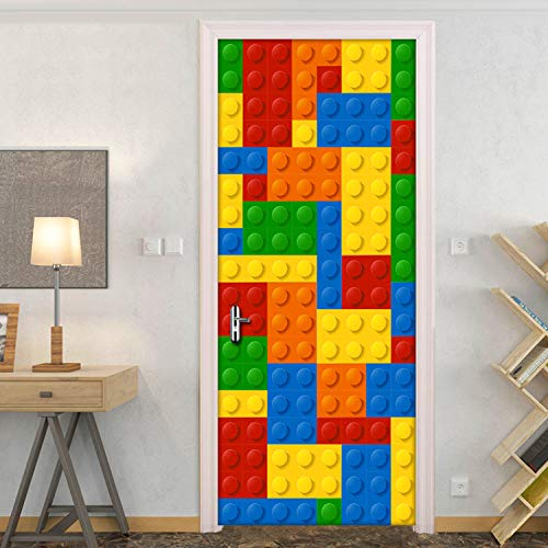 qunxun Fototapete Kinderzimmer Lego Bricks Kinderzimmer Schlafzimmer Dekoration Selbstklebende Tür Aufkleber PVC Wandbild Wasserdicht