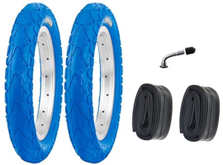 P4B | 2X 12 Zoll Kinderreifen (62-203) | 12 1/2 x 2 1/4 | Laufradreifen mit Breiten Mittelsteg für mehr Stabilität beim Fahren | Ohne Felgen!! (G) Blau mit AV Schläuchen