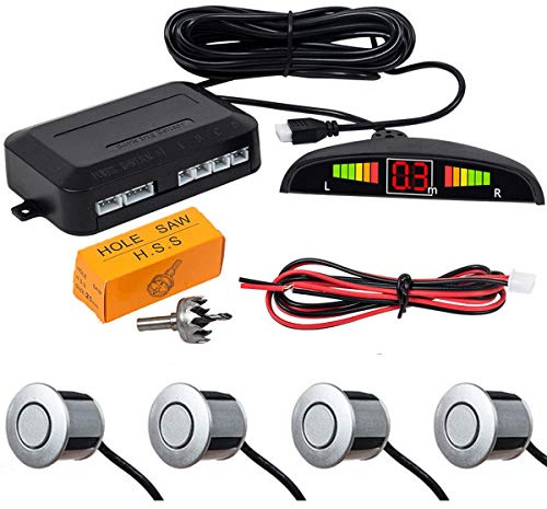 Riloer Sensore radar di parcheggio posteriore per auto, 4 sensori argento, avvisatore acustico a LED