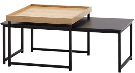 FineBuy Couchtisch 2er Set Holz/Metall Sofatisch Eckig Modern, Beistelltisch 2-teilig, Design Wohnzimmertische, Holztisch Satztische Schwarz