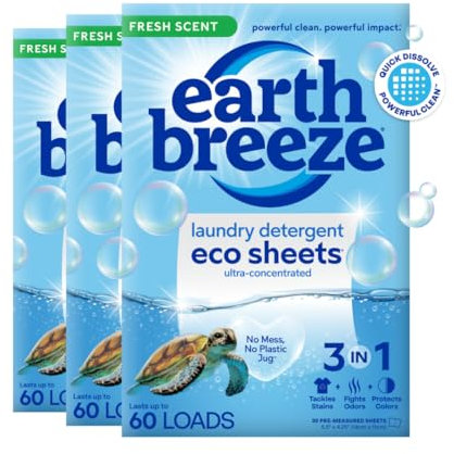 Earth Breeze - Hojas de detergente para ropa sin líquido, aroma fresco, sin jarra de plástico (180 cargas) 90 hojas (paquete de 3)