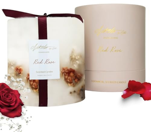 Nikita Luxury Lavender or Rose Candle - Botanical Pillar Candle - Floral Large Scented Candles - Aromatherapy Scented Candles Gifts for Women - Soy Candle - Housewarming Gift (Red Rose)