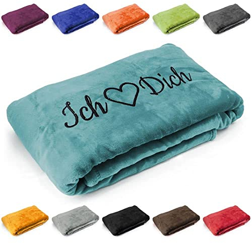 Kuscheldecke 'Ich Liebe Dich', Geschenk zu Valentinstag, Geburtstag, Hochzeitstag, hochwertig Bestickt, 200cm x 150cm extra weiche und gemütliche Sofadecke/Wohndecke, hochwertiges Fleece (Petrol)