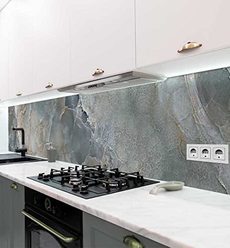 MyMaxxi Küchenrückwand Folie selbstklebend matt - einfache Montage ohne Bohren 0,4mm stark Versteift - Motiv Marmor Steinplatten grau 60cm hoch - Spritzschutz Küche Klebefolie - Wand 400 x 60cm
