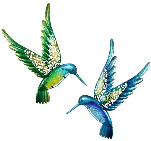HONGLAND Metal Hummingbird Wall Art 15inch Metal Birds Wall Sculpture Garden Decoration Outdoor Statue Patio Fence Hanging Plaques 2 Pack