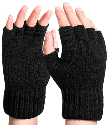 Bencailor Fingerlose Handschuhe Herren Winter Warme Halbfinger Handschuhe mit Weichem Strick Fleece Thermo Handschuhe (Schwarz)