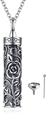 Rose Flower Urn Necklaces Cylinder Bar Urn Necklace for Ashes 925 Sterling Silver Pendant Necklace Updated Screw Keepsake for Ashes Memory Keepsake Cremation Jewellery for Women