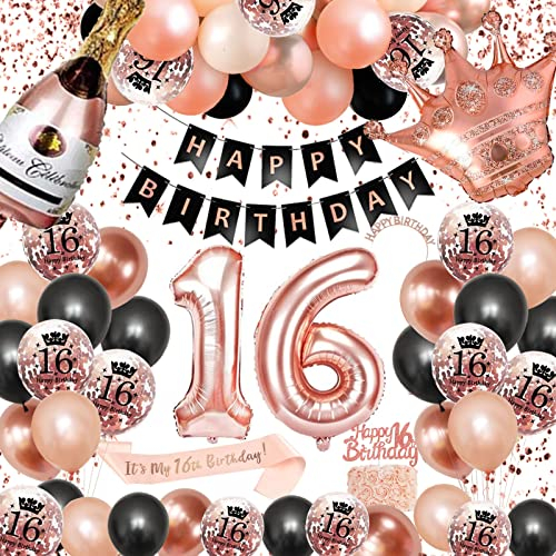 16. Geburtstag Dekorationen Mädchen, SWPEED Rosegold Schwarz Deko Set 16th Ballons Happy Birthday Banner Girlande Konfetti luftballon Frauen Mädchen 16 Geburtstag Party Deko Supplies