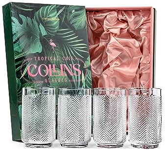 GLASSIQUE CADEAU Vintage Flamingo Collins Longdrink Cocktailgläser für Mojito, Caipirinha | 4er Longdrinkgläser Set | 340 ml Kristall Hohe Highball Gläser für Tropischen und Tiki Cocktails
