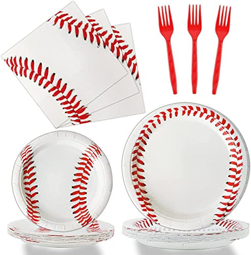 Baseball-Partyzubehör, Geschirr-Set, 24 Baseball-Speiseteller, 24 17.8 cm Dessertteller, 1 Tischdecke, 24 Servietten, 24 Gabeln, Party-Dekorationen, Babyparty-Dusche,Servieren 36 DE