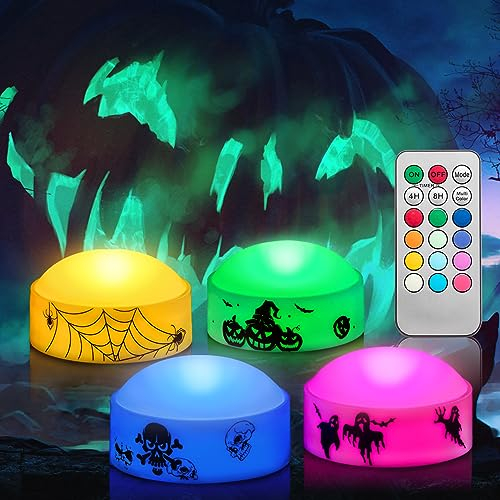 CANDLE IDEA 4 PCS Color Changing Halloween LED Pumpkin Candle Lights with Remote and Timer, Colored Battery Operated Jack-O-Lantern Light for Outdoor Halloween Flameless Pumpkin Home Decorations