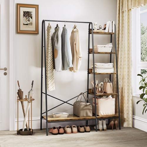 YITAHOME Coat Rack Stand with Shoe Storage, Industrial Hall Tree with 5 Shelves Garment Rack Open Wardrobe Clothes Rail for Bedroom Hallway Entryway