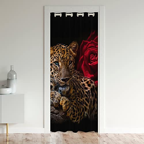 Léopard Rideau de Porte 132x203cm Guépard Rose Floral Rideaux Interieur Salon Chambre Rideaux Exterieur d'entrée Animaux Sauvages Botanique Fleurs Modèle Rouge Brun Rideau Occultant