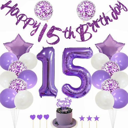 Kiwochy Lila 15 Geburtstag Deko Mädchen 15 Geburtstag Dekoration Lila Tortendeko Geburtstagsdeko 15 jahre Luftballons Nummer 15 Folienballon 15. Geburtstag Party Deko 15 jahre Geburtstag Deko Ballon
