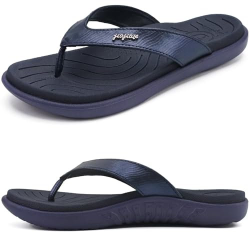 jiajiale Flip Flops Damen Mode Orthopädische Leder Stoff Leicht Zehentrenner Frauen Bequeme Yoga Fußbett Badelatschen Sommer Strand Rutschfest Feste Gummi Sohle Dunkel Blau EU38.5