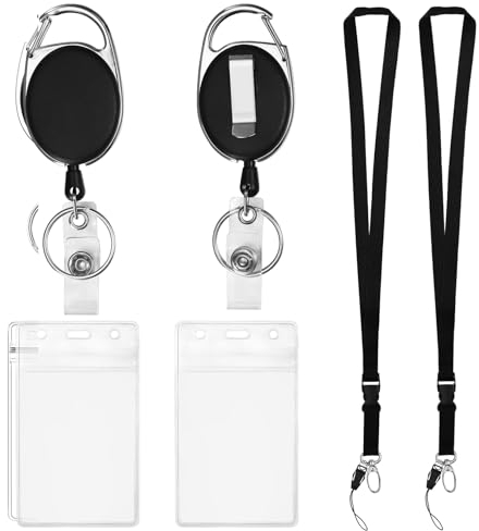 Porta Tarjetas Identificativas con Correa de Cuello, Porta Tarjetas Llavero Retractil y Cordón de Cuello, Incluye 4 Funda para Tarjeta(2 Horizontales, 2 Verticales), 2 Cordones, 2 Carretes