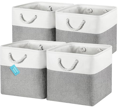 OrganiHaus 33x33 Cube Storage Bins Set of 4, Kallax Storage Boxes, Fabric Cube Storage Baskets for Shelves, Canvas Storage Cubes Boxes, Cube Storage Boxes, Cubby Bins for Nursery Decor - Grey/White