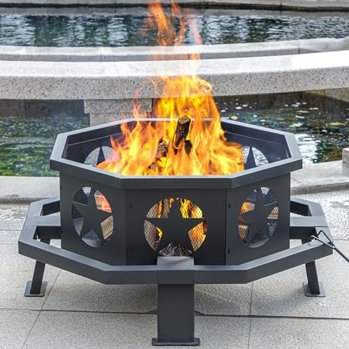 Panovue 35 inch Fire Pit for Outside, Heavy Duty Wood Burning Fire Pits,Outdoor Fireplace Octagonal Firepit for Camping, Backyard, Patio