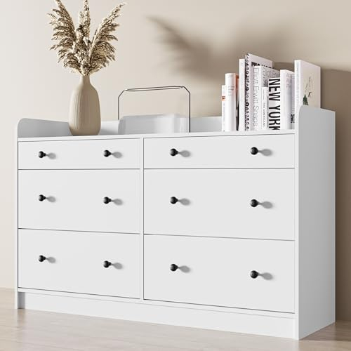 Cozy Castle Kommode mit 6 Schubladen Modern Weiß Sideboard Schrank mit Kippschutz für Schlafzimmer, Wohnzimmer, Eckkommode aus Holz, 132 x 84 x 40 cm