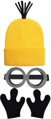 TANTAKO 3 Pcs Erwachsene Halloween DIY Kostüm Zubehör mit Gelb Beanie, Drei Fingern Handschuhe und Schutzbrille (Stil B)