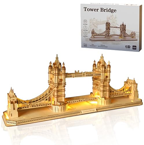 Hallisun Puzzle 3D en bois pour adultes, modèle d'architecture du Tower Bridge de Londres en bois, kit de bricolage de bâtiment célèbre en bois pour adultes, cadeau de Noël, 450 pièces