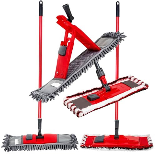 Microfibre Flat & Noodle Head Floor Mops - Clean Wet or Dry Floors, Ideal for Laminate, Vinyl, Tile, Bathroom & Kitchen (2 Mops, Long Handle)