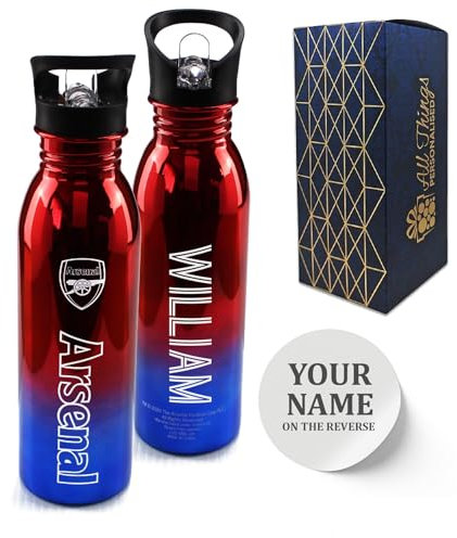 Personalised Metallic Water Bottle, Made with Official Arsenal F.C. Bottle, Customise with Any Name, 700ml/24oz Capacity, Gift Boxed, Gift for Him, Stainless Steel Bottle