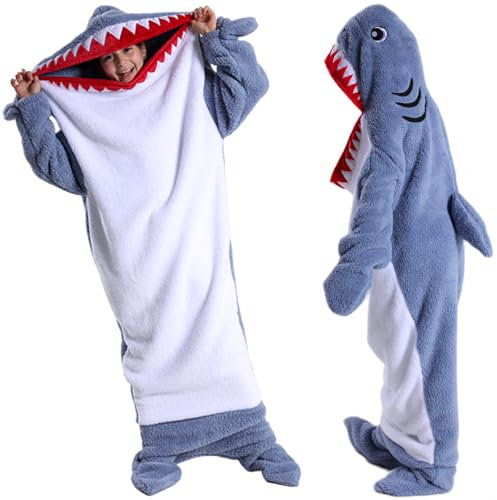 Senchinner Tragbare Hai Decke für Erwachsene und Kinder – Superweiche Shark Onesie mit Kapuze und Druckknopf für einen 3D-Effekt, gemütlicher Shark Hoodie Schlafsack Kostüm in XL: 185-200 cm