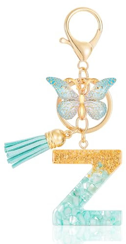 MWOOT Initiale Letter Keychains Porte Clé Lettre Z,Alphabet Initial Keyring avec Papillon Pendentif,Vert Feuille D'or Key Ring pour Femmes Filles Portefeuilles Sac à Main Bagages Charme(Z)