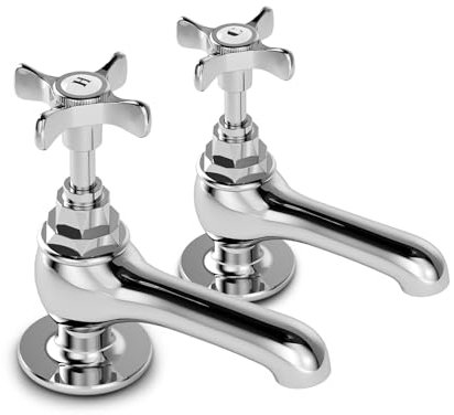 VANCOCO Traditional Chrome Brass Basin Tap Pair 1/2, Victorian Style Hot and Cold Head Cross Lever Bathroom Sink Taps, Polished Chrome Brass Pillar Toilet Sink Wash Faucet Set of 2