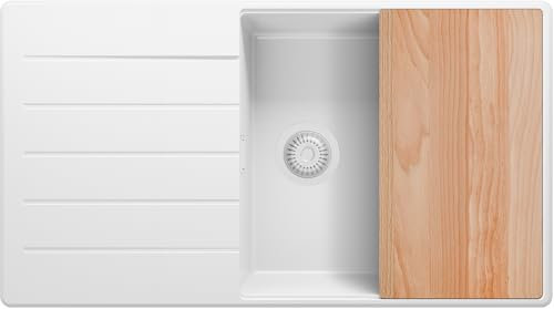 Copenhague Top de Primagran - Fregadero de Cocina Blanco 90x50cm, Granito 1 Seno + Sifón + Tabla de Cortar, Sobre Encimera al Mueble 60cm