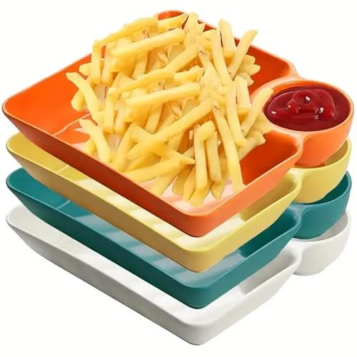 CHEFZOCO Plato de plástico para servir con salsa, Plato para snacks, Bandeja de aperitivos con dip integrado, Plato de servir aperitivos, 18 x 16 cm, Plástico, Altura 3.5 cm, Pack multicolor