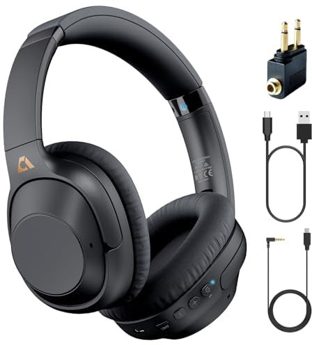 YMOO Over Ear Kopfhörer Bluetooth 5.2 Active Noise Cancelling für Flugzeug,75H HiFi Stereo Kopfhörer Kabellos Bluetooth mit Mikrofon, On Ear Kopfhörer für TV/PC/Handy mit Flight Adapter