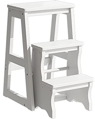Folding Step Stool Ladder and Chair Combination Wood Fold up Stepladder Wide Pedal 2/3 Steps Ladder Chair for Library Kitchen Office Use/White/56 * 36 * 64Cm