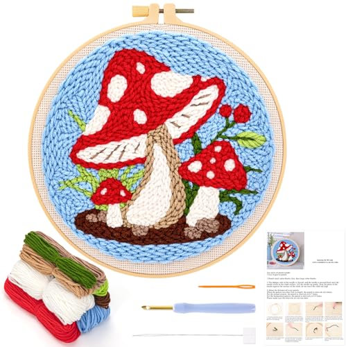 JSRQT Punch Needle Kit DIY Punch Needle Kits for Adults Beginners Mushroom Pattern Embroidery Starter Rug Hooking with Hoop Instructions Handcraft Cross Stitch Craft Rug-Punch & Pinch