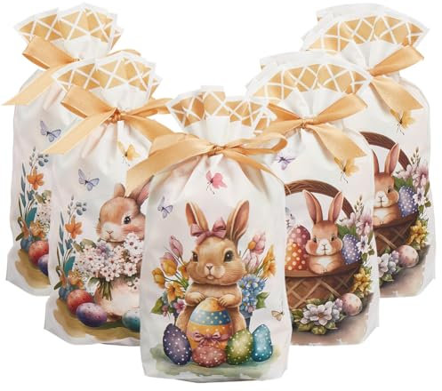 CREATCABIN 50Stück Osterhasen Kordelzugbeutel Oster Leckerli Beutel Weiße Cartoon Kaninchen Rustikale Jagd Rechteckige Geschenktüten Aus Kunststoff Für Partygeschenke Geschenkverpackung Beutel 23x15cm