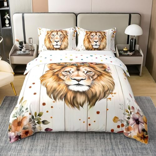 Homewish Löwin Bettwäsche 135X200 Baumwolle Kinder, Goldener König Der Löwen Bettbezug Set Für Mädchen Jungen, König des Dschungels Bett Set, Mit 1 Kissenbezug Holzbrett Dekor, Weiche