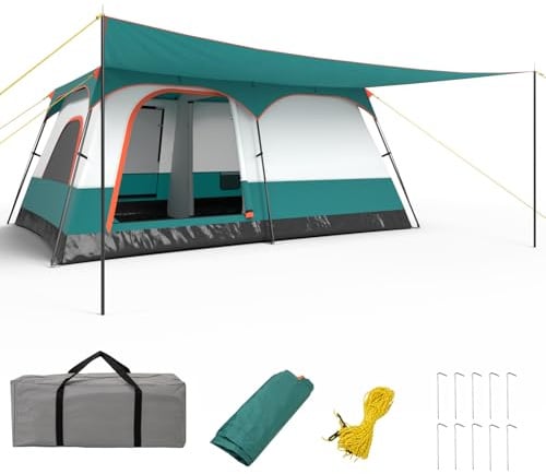 COSTWAY Tenda da Campeggio per 10 Persone con Veranda, Tenda Familiare con 2 Stanze, 2 Porte, 2 Finestre e Tetto Trasparente,Tendone Impermeabile e Facile da Installare (420 x 305 x 200 cm)