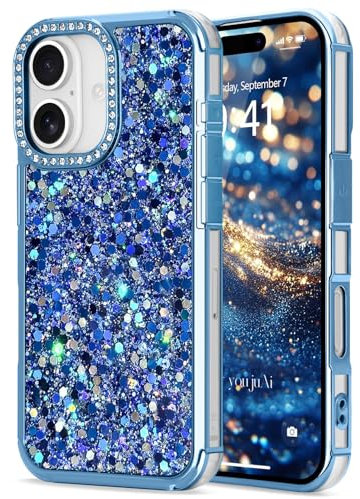 ROSEHUI for iPhone 16 Case Glitter,Cute Luxury Sparkly Bling Phone Cases with Diamond Rhinestone,Soft TPU Shiny Camera Lens Protection Shockproof Cover for Women Girls-Blue
