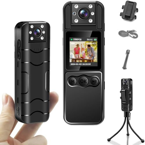 SecuraLen Mini Camara Deportiva, 1080P y Pantalla de 1,3 con Visualización OTG Body Cam, Batería de 8 Horas, Control de un Solo Toque, Visión Nocturna y Detección de Movimiento, Angulo Amplio de 120°