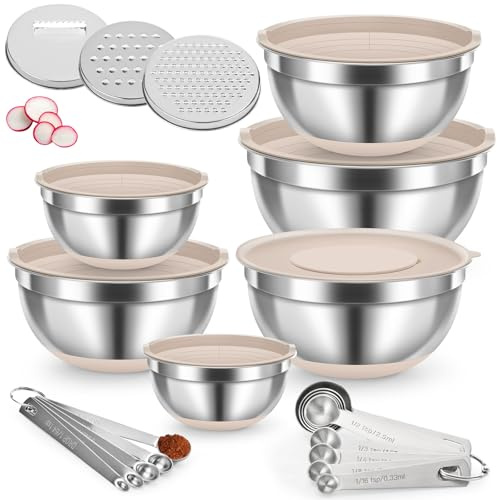 CLVEDU 7 QT Mixing Bowls with Airtight Lids, 23-Piece Stainless Steel Nesting Bowl Set with 3 Graters, Non-Slip Bases, 6 Prep Bowls & 14 Measuring Spoons for Baking, Cooking and Food Prep