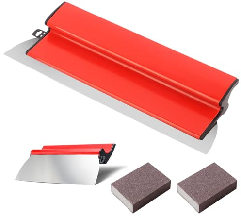Flächenspachtel 40cm Edelstahl Klinge, Austauschbar, Flexibel mit Ergonomischem Z-Griff für Wanddekoration und Bauarbeiten, Trockenbau Finishing Spachtel Werkzeug Set mit 2x Schleifschwamm 120 Körnung