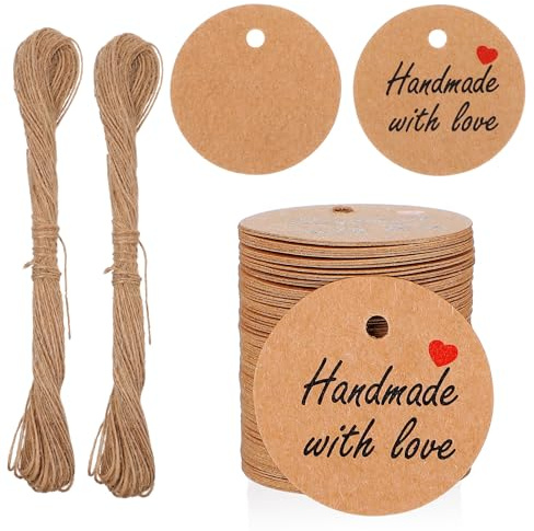 TIESOME 200 Stück 3cm Geschenkanhänger, Handmade with Love Kraftpapier | Anhänger Etiketten Rund Tags Labels mit Jutekordel Dekorative Hängeetiketten für Hochzeit Weihnachten DIY Handwerk