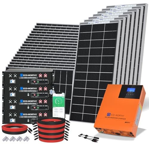ECO-WORTHY 4800W Solar Power System 48V Off Grid Solar Panel Kit for Home Shed:24pcs 195W Bifacial Solar Panel + 4pcs 48V 100AH Lithium Battery + 1pc 5000W Hybrid Inverter